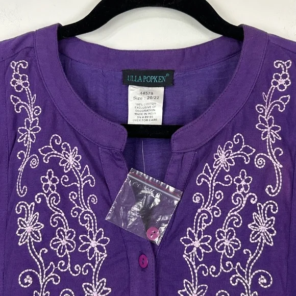 NWOT Ulla Popken Embroidered. Purple V-Neck Tunic Top 20/22 Boho Beach - Picture 2 of 8